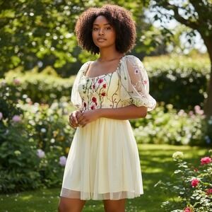 Fairy Renaissance Floral Embroidered Puff Sleeve Tulle Dress 1X Corset Babydoll